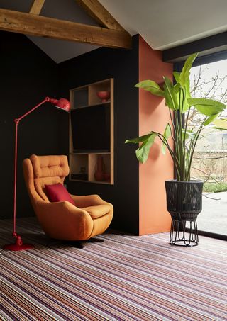autumnal living room with stripe carpet, orange chair, red floor lamp, plant, shelving, orange wall end, view of patio