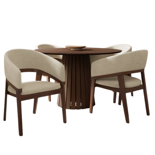 Furniture 123, Round Walnut Dining Table Set with 4 Dark Wood Cut Out Curved Dining Chairs - Owen