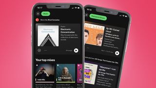 Two phones on a pink background showing the new Spotify app