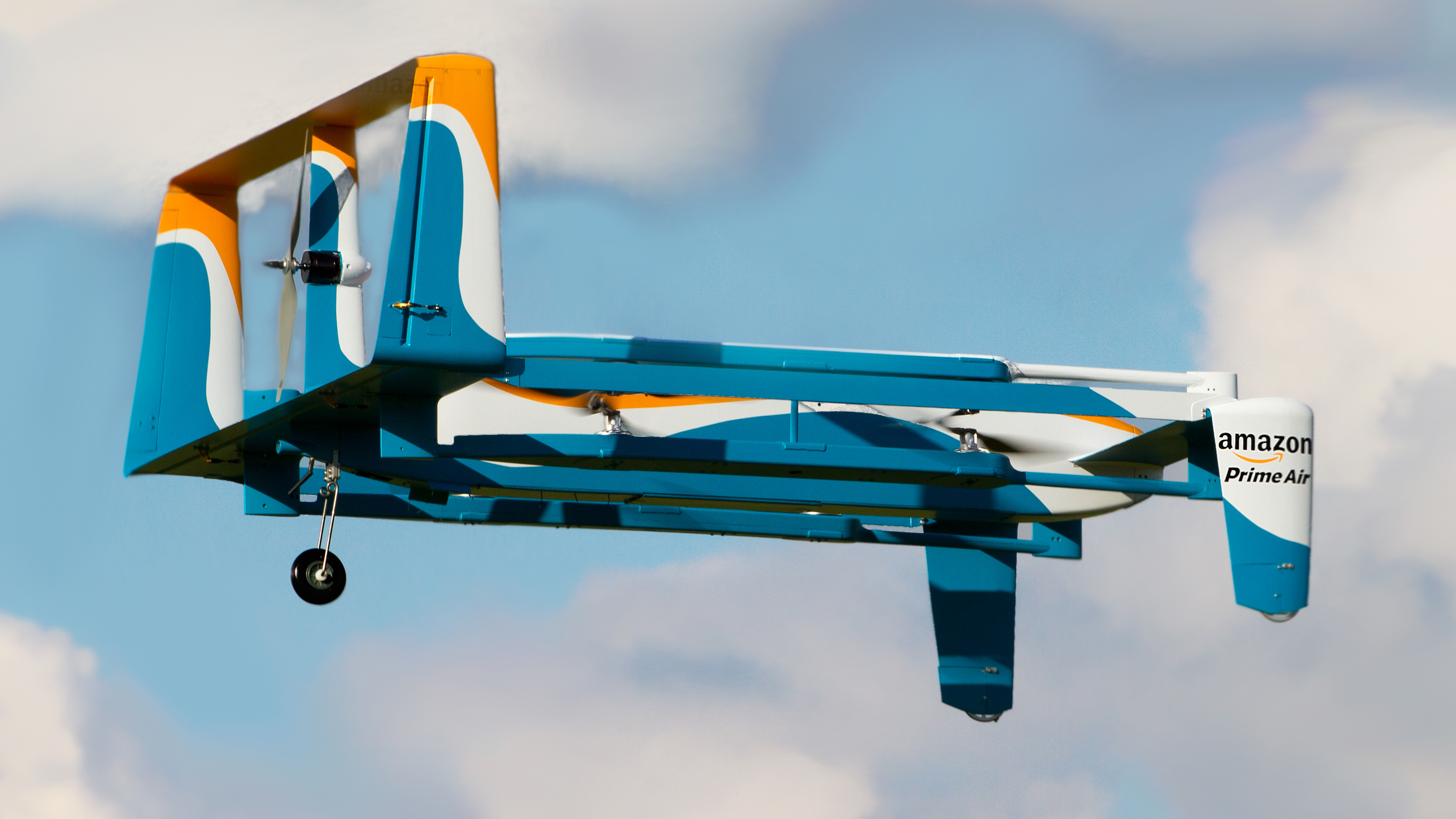 An Amazon Prime Air delivery drone in flight
