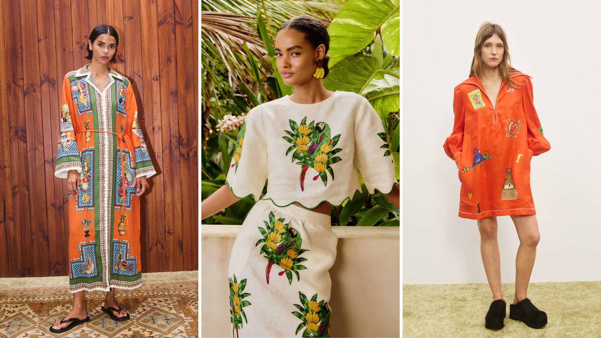 models wearing colorful clothes from alemais and farm rio