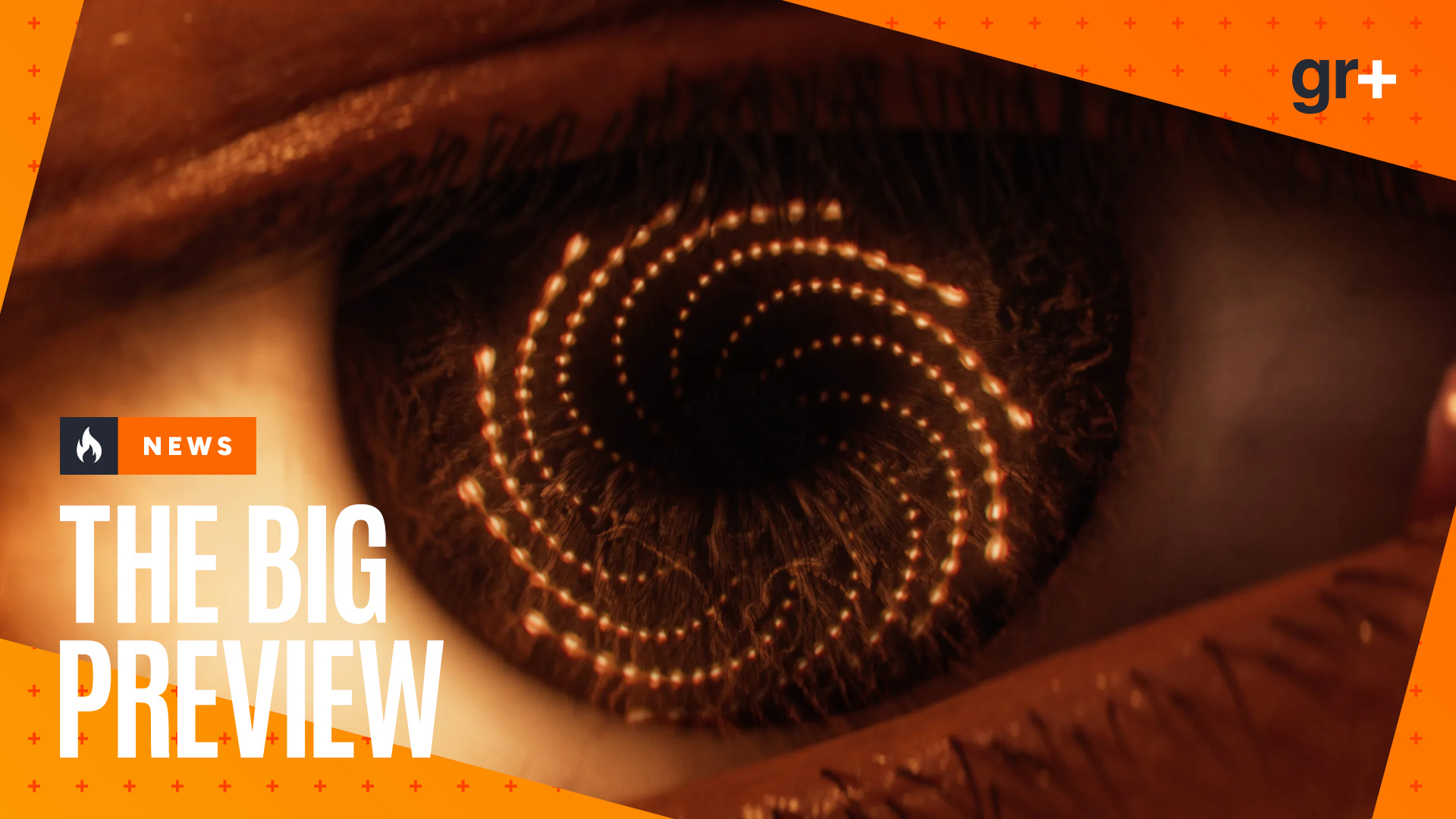 Arjun's eye reflects a yellow spiral of corrupted bullets in a Saros cinematic, with the orange GamesRadar+ Big Preview frame