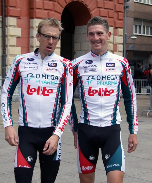 Omega Pharma - Lotto teammates Charlie Wegelius, left, and Jurgen Van Den Broeck await the start of stage five.
