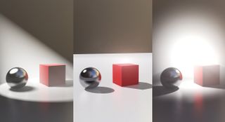 Three sets of cubes and spheres interacting with different lighting angles