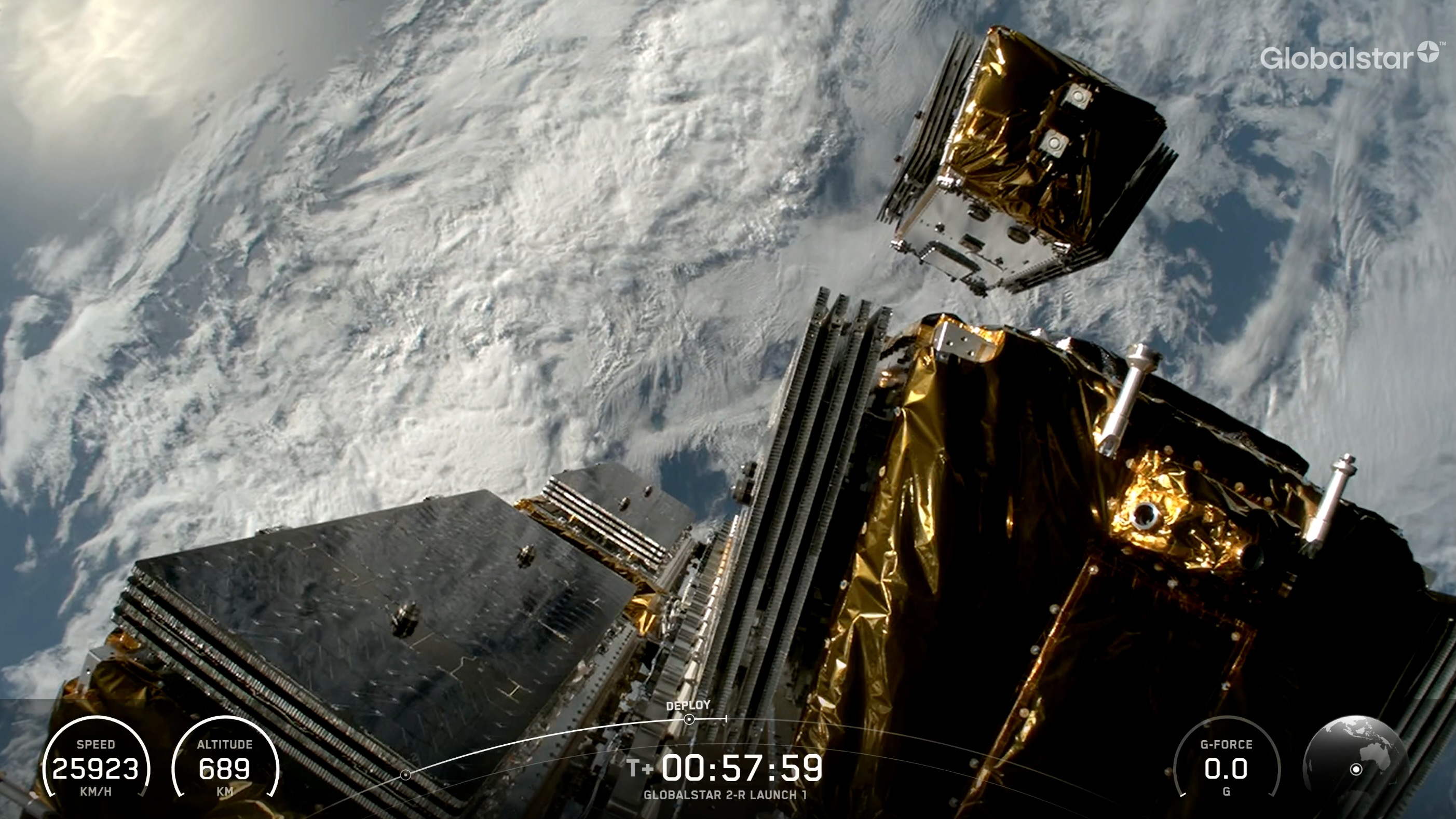view from a rocket in orbit around earth showing a boxy satellite deploying