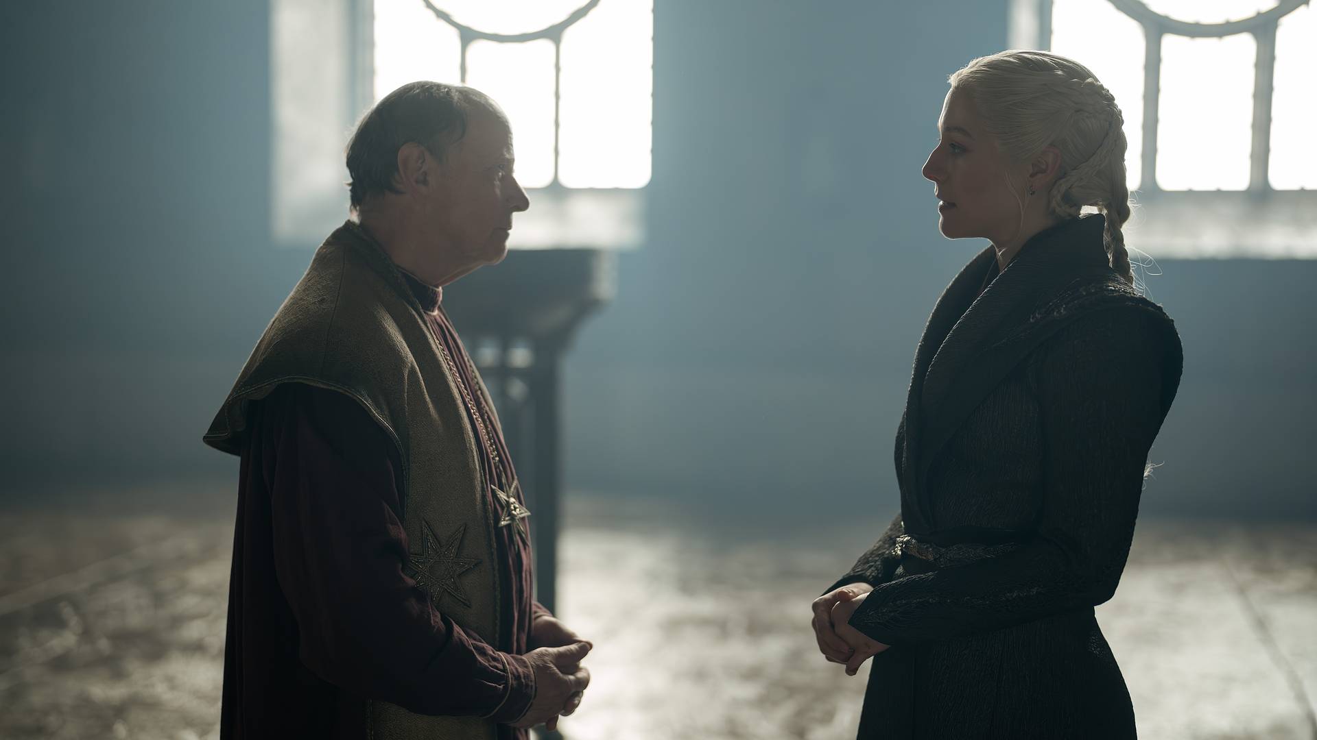 Emma D'Arcy as Rhaenyra Targaryen and Simon Chandler as the High Septon in House of the Dragon season 3, episode 3