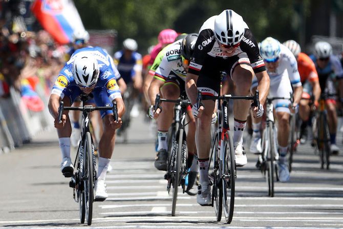 It was the bike throw wot won it: Quick-Step's Fernando Gaviria times it to perfection to take his third stage win at the 2018 Tour of California on stage 7, denying Max Walscheid (Sunweb) his first
