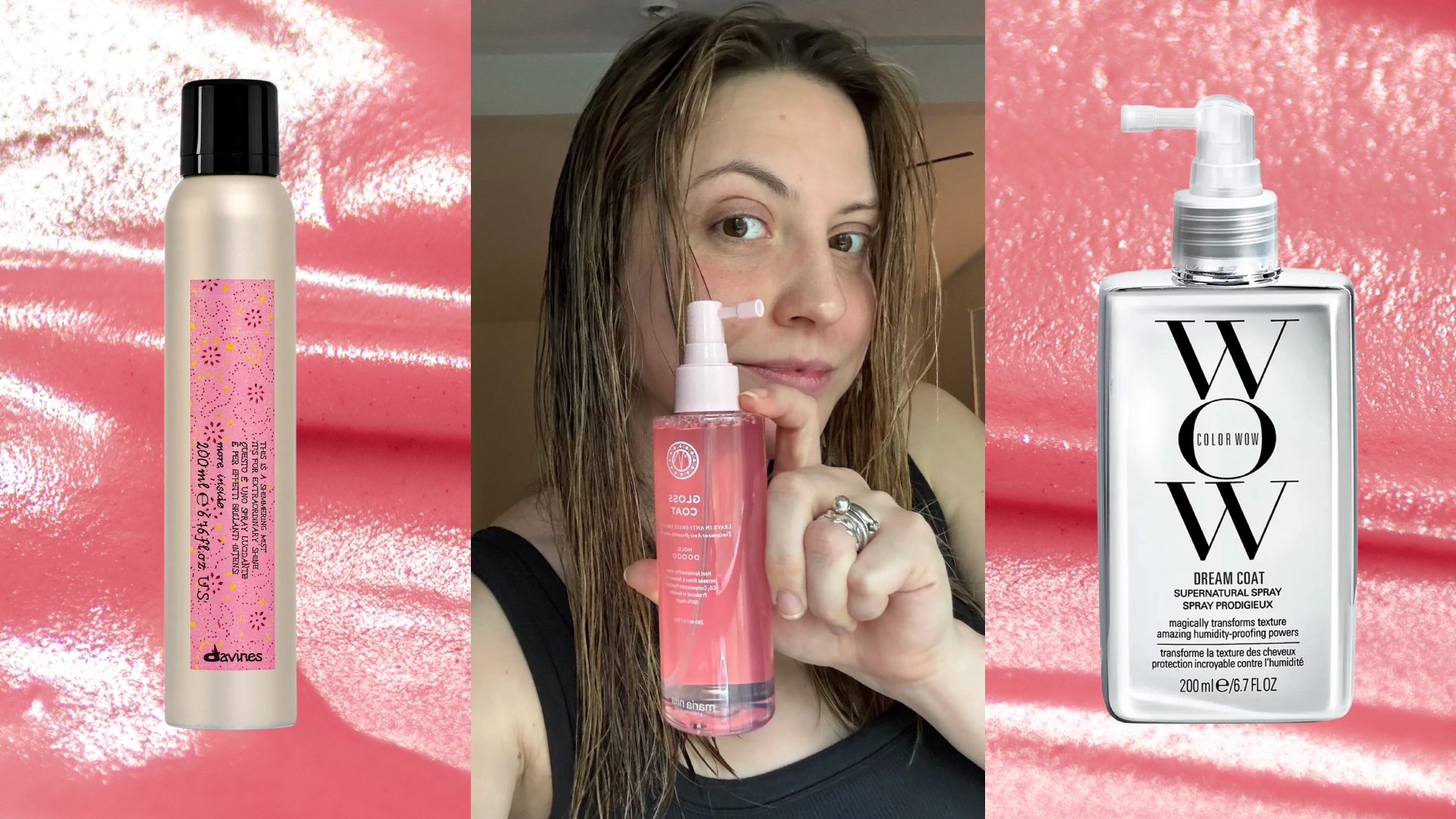 pink background with girl holding a shine spray