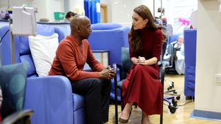 Catherine, Princess of Wales talks with Peter Burton during a visit to the Royal Marsden Hospital in west London on January 14, 2025