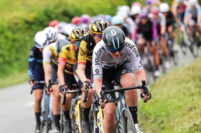 Pfeiffer Georgi leads the chase for DSM team leader Lorena Wiebes during stage four of the 2022 Women's Tour