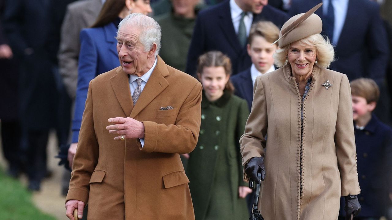 King Charles and Queen Camilla lead the Royal Family arriving at their traditional Christmas Day service at St Mary Magdalene Church in Sandringham, 2023 