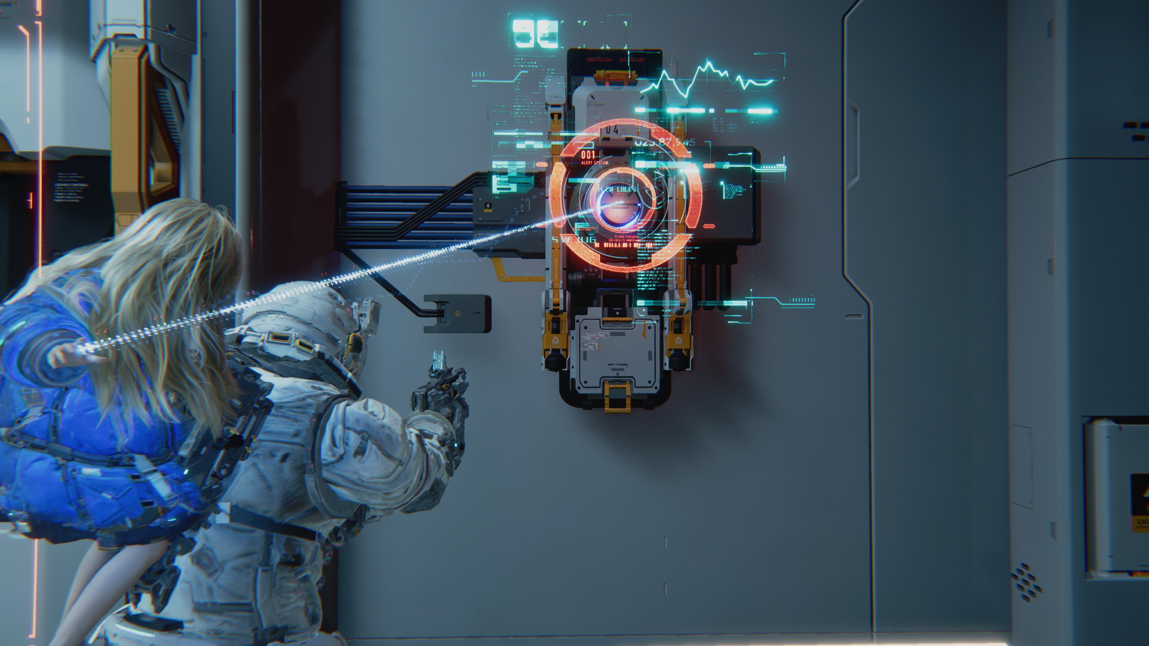 Pragmata screenshot showing Diana on Hugh's back as they use a hacking interface that's emitted from Diana's hand