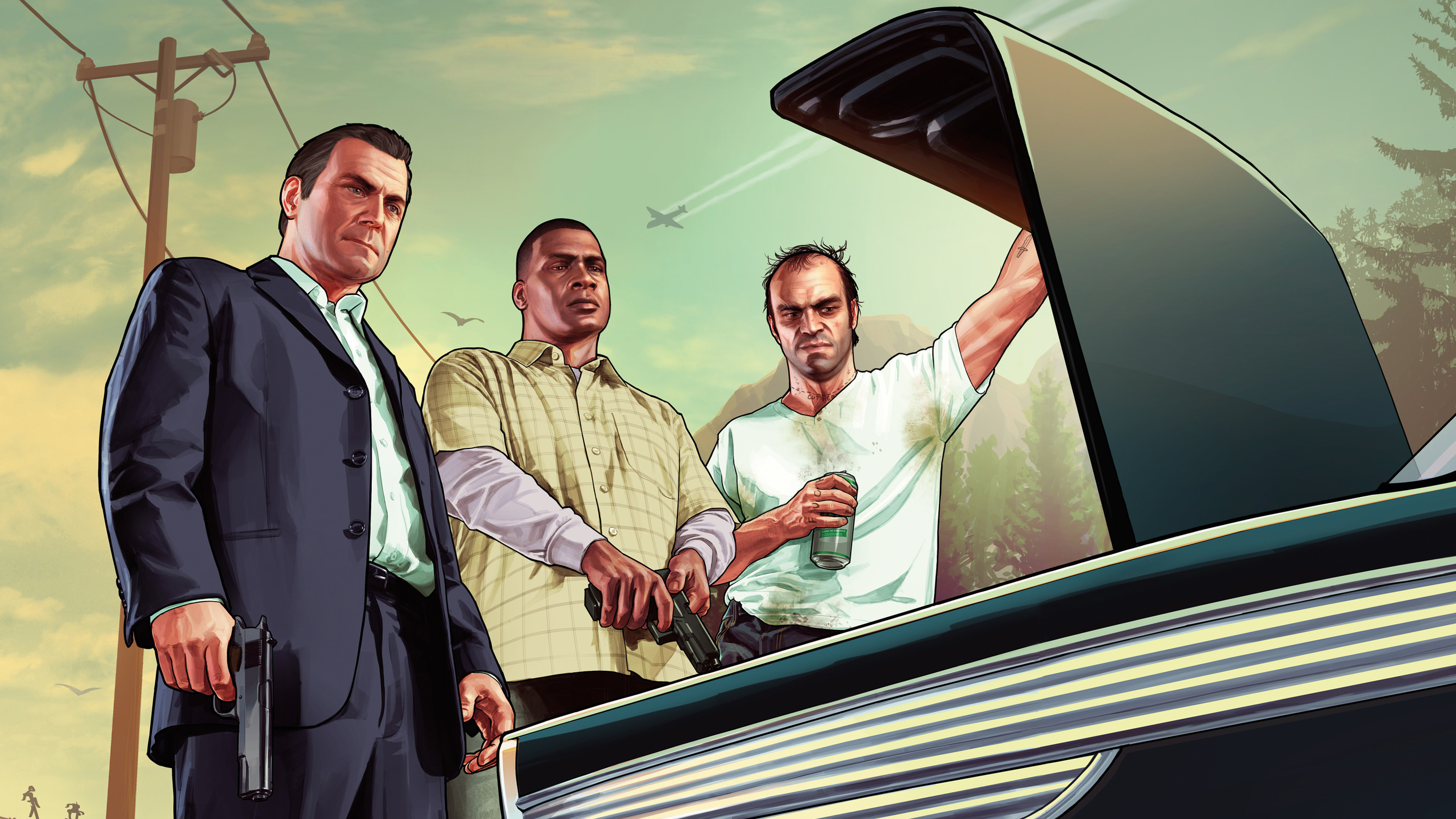Arte clave de personajes de GTA 5 de Michael, Franklin y Trevor mirando en el maletero de un coche.