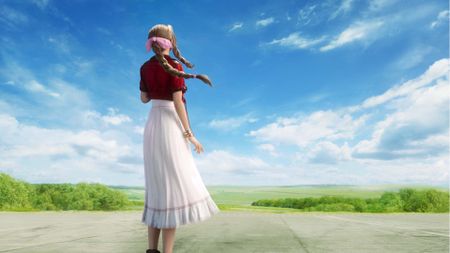 Aerith gazes into a distant blue sky in this Final Fantasy 7 Remake screenshot