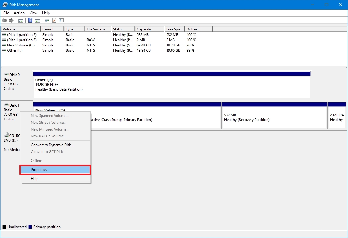 Disk Management properties