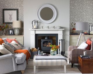 Grey living room with fireplace