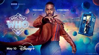 The key art for Doctor Who season 14 on Disney Plus, featuring Ncuti Gatwa with an outstretched hand