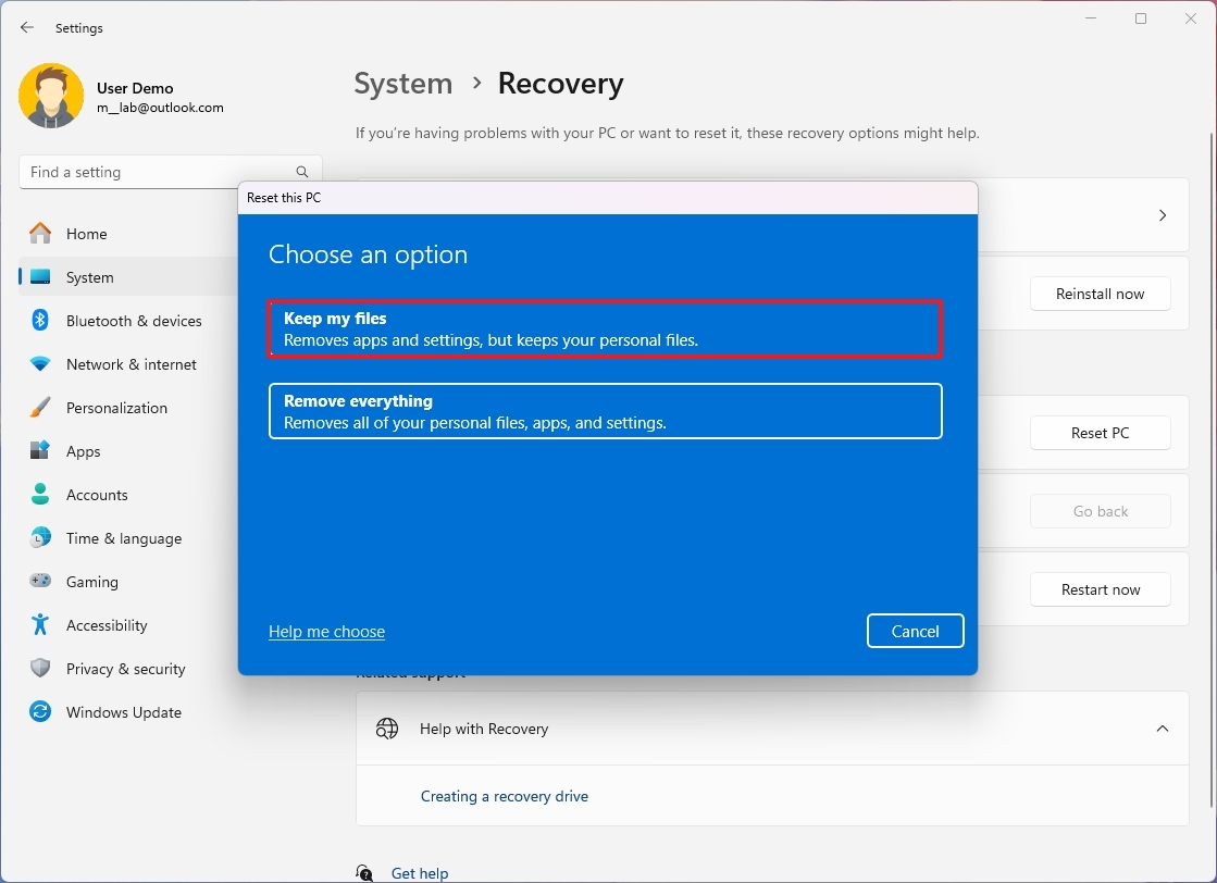 Windows 11 Settings Reset keep files