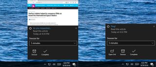 Cortana photo reminder (left), Cortana link reminder (right)