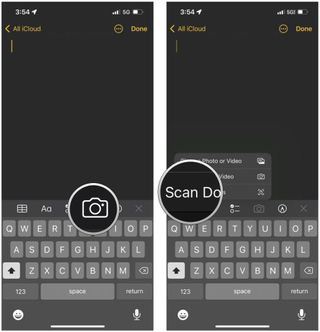 Add a scan in Notes on iPhone: Tap Camera, select Scan Document