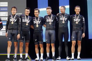 Team Sky with their bronze medals after the men's TTT in Bergen