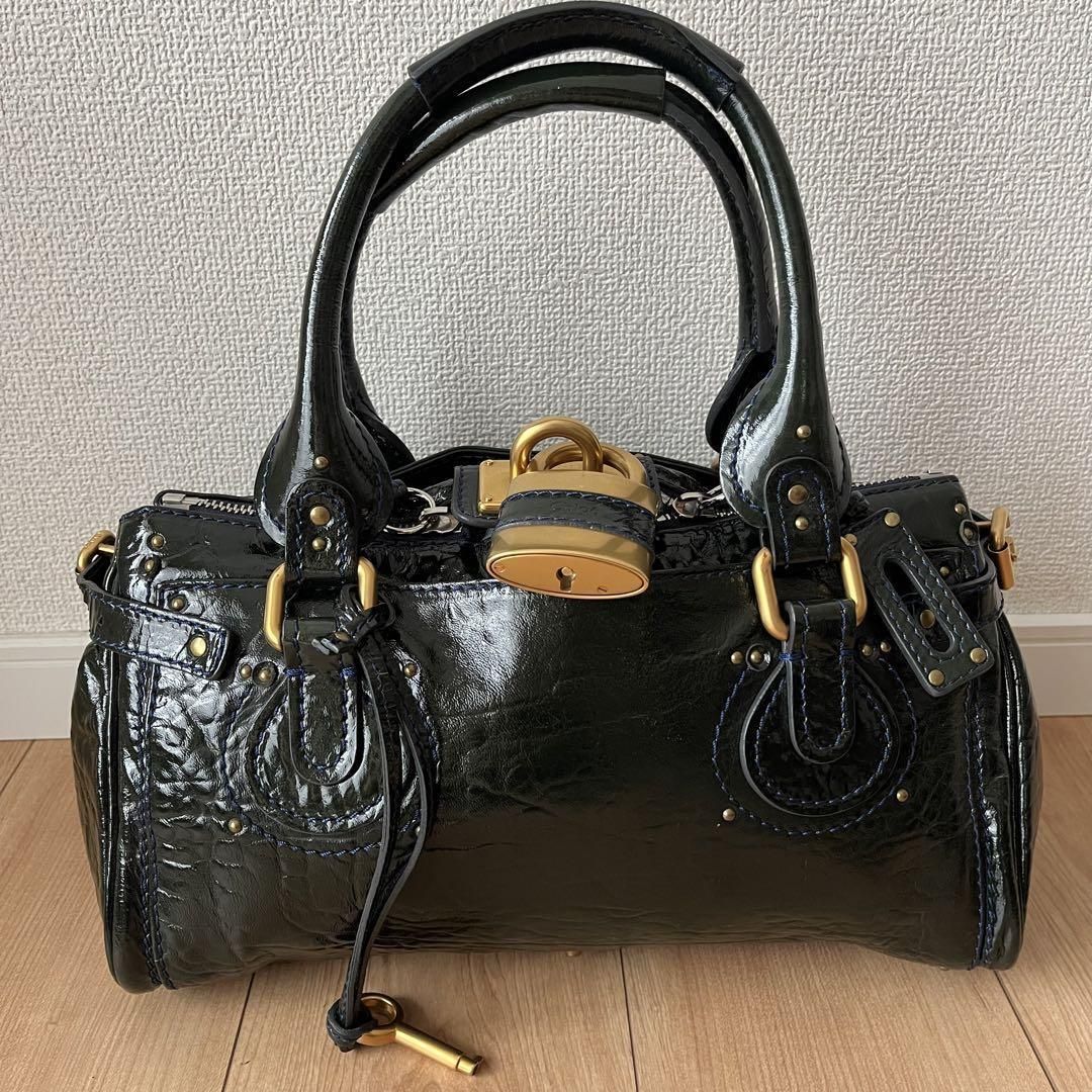 Chloe Paddington Hand Bag Enamel Khaki Padlock Key Used 31915