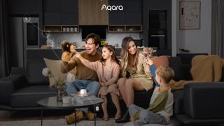 A family plays together surrounded by Aqara smart home gadgets