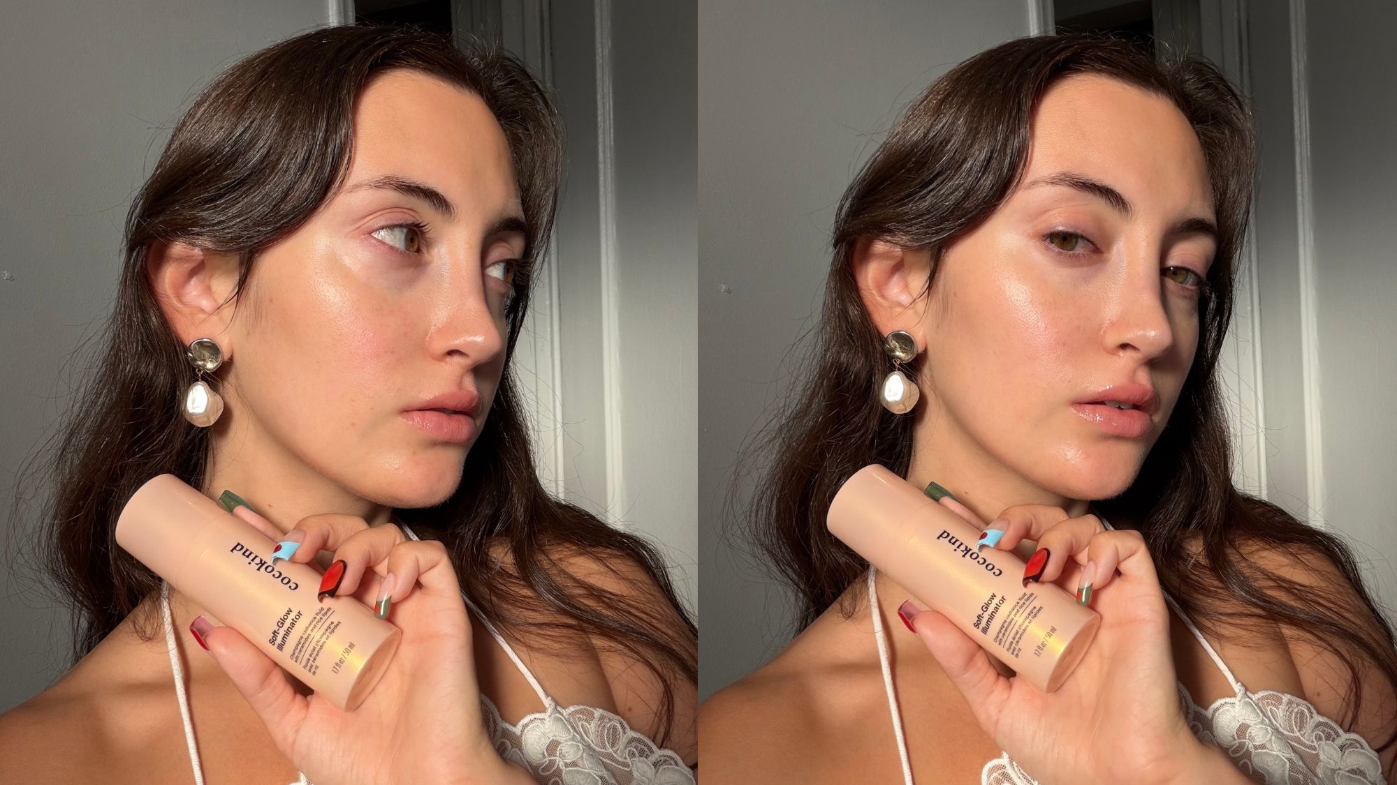 An image of WWW associate beauty editor Alyssa Brascia holding the new Cocokind Soft-Glow Illuminator.