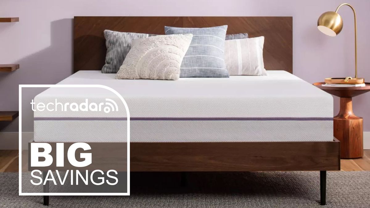 A Purple Original mattress in a bedroom with a deals graphic