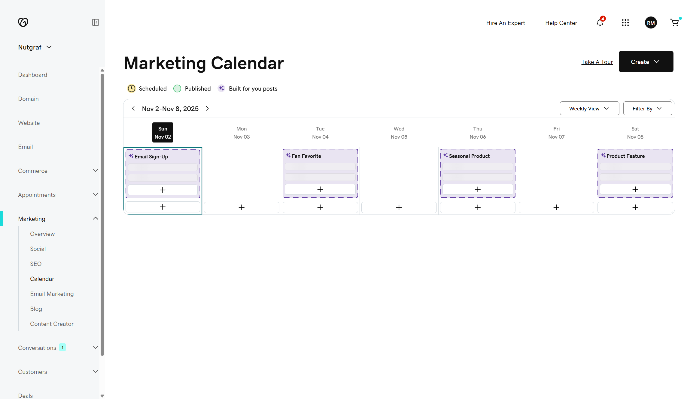 Screenshot of GoDaddy&#039;s AI marketing scheduler with a calendar view.