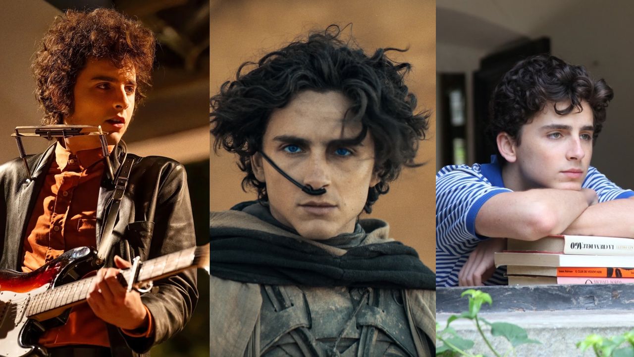 a collage of timothee chalamet&#039;s best movie roles including him as bob dylan in a complete unknown paul atreides in dune and elio in call me by your name