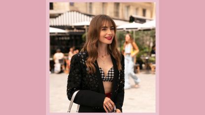 Lily Collins as Emily in Emily in Paris season three - in a pink background