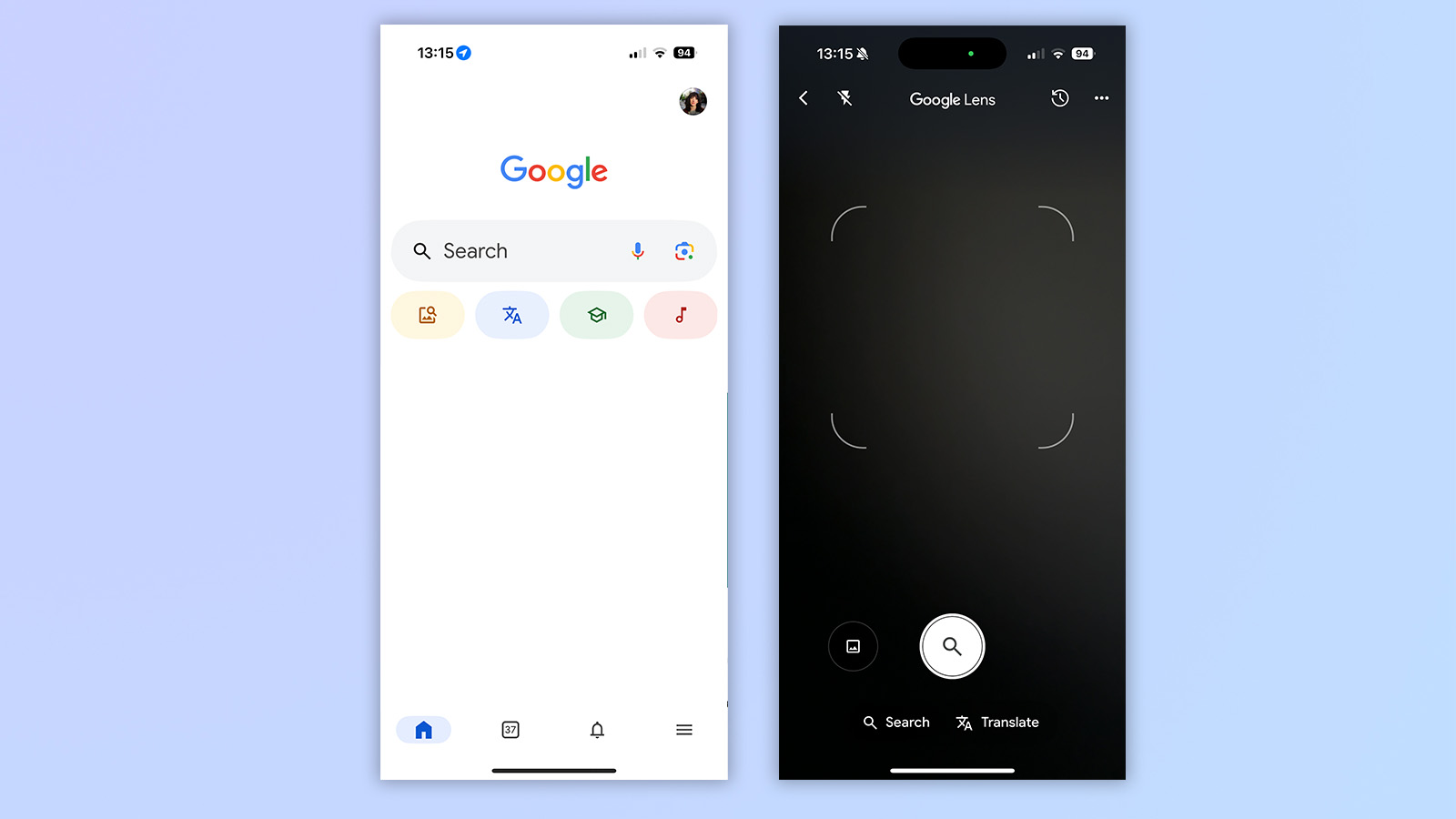 two screenshots from the google app showing how to go into google lens