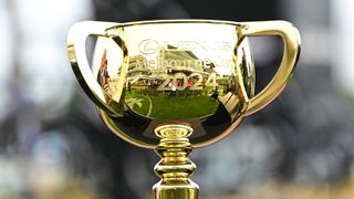 The shiny gold Lexus Melbourne Cup is seen at the Melbourne Cup barrier draw during 2024 Penfolds Victoria Derby Day at Flemington Racecourse ahead of the race on November 5, 2024