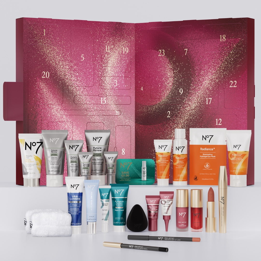No7 25 Days of Beauty Advent Calendar with its contents in front of it