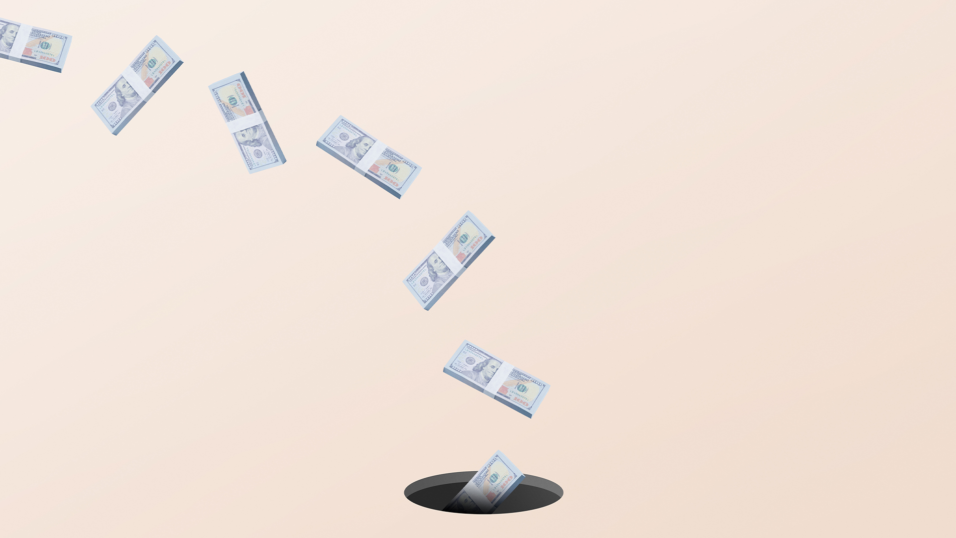 Stacks of dollar bills falling into a dark hole in the ground.