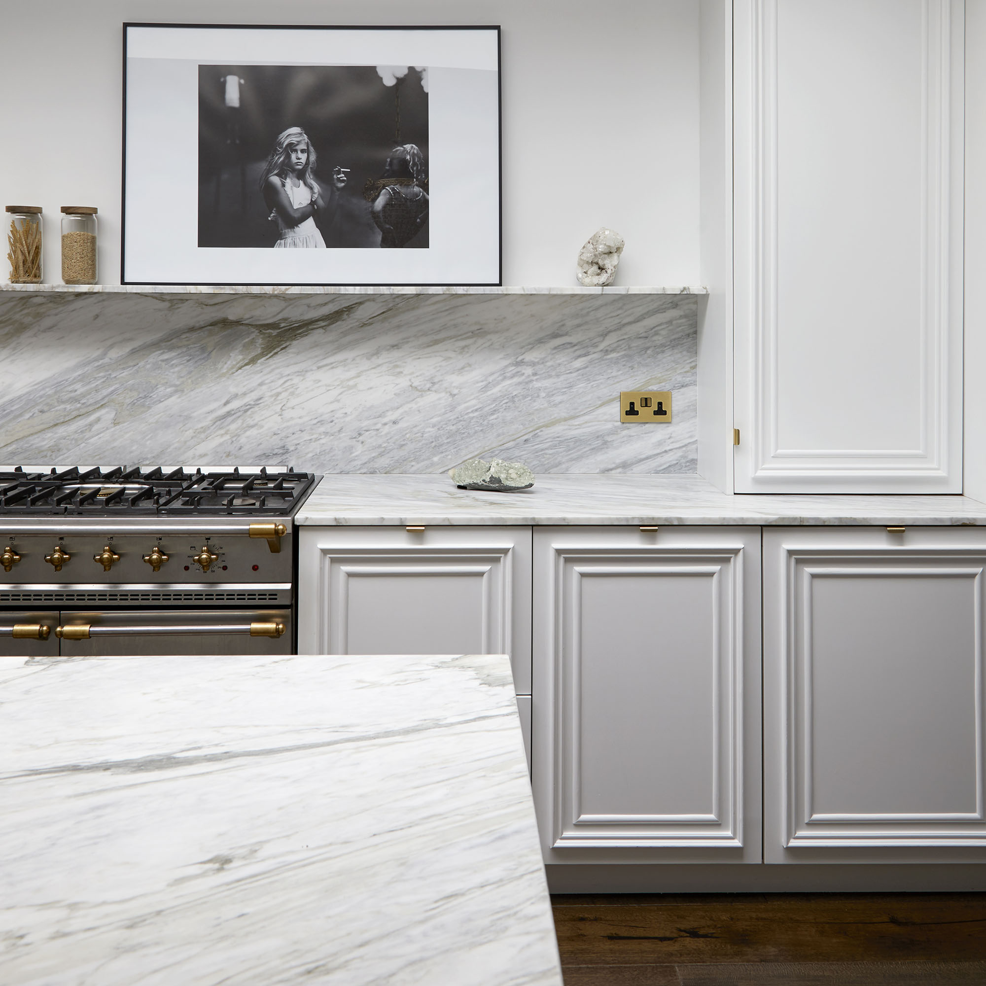 White shaker kitchen with open shelving.