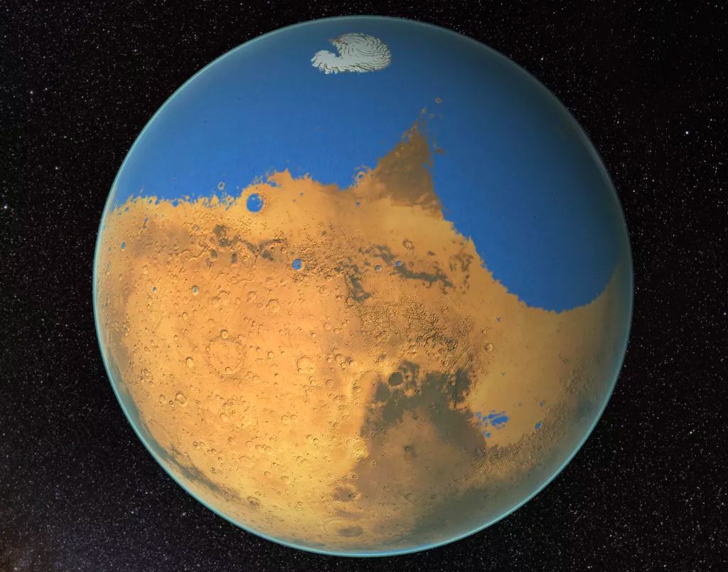 An artist&#039;s depiction of Mars covered in water, as it may have been about 4 billion years ago.