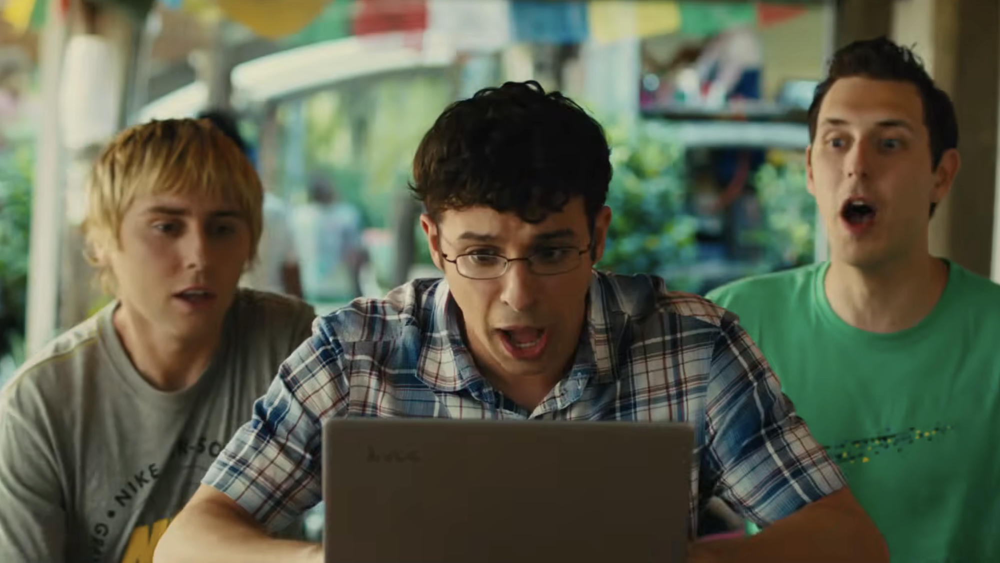 Will freaking out behind laptop as Jay and Neil look at his mother in video chat in The Inbetweeners 2 (2014)