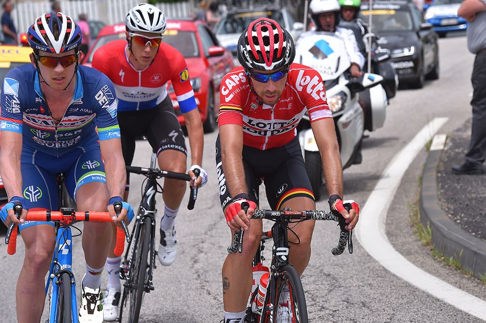 Dimitri Claeys (Wanty-Groupe Gobert), Niki Terpstra (Etixx-QuickStep) and Thomas De Gendt (Lotto Soudal) on the attack at the Dauphine.