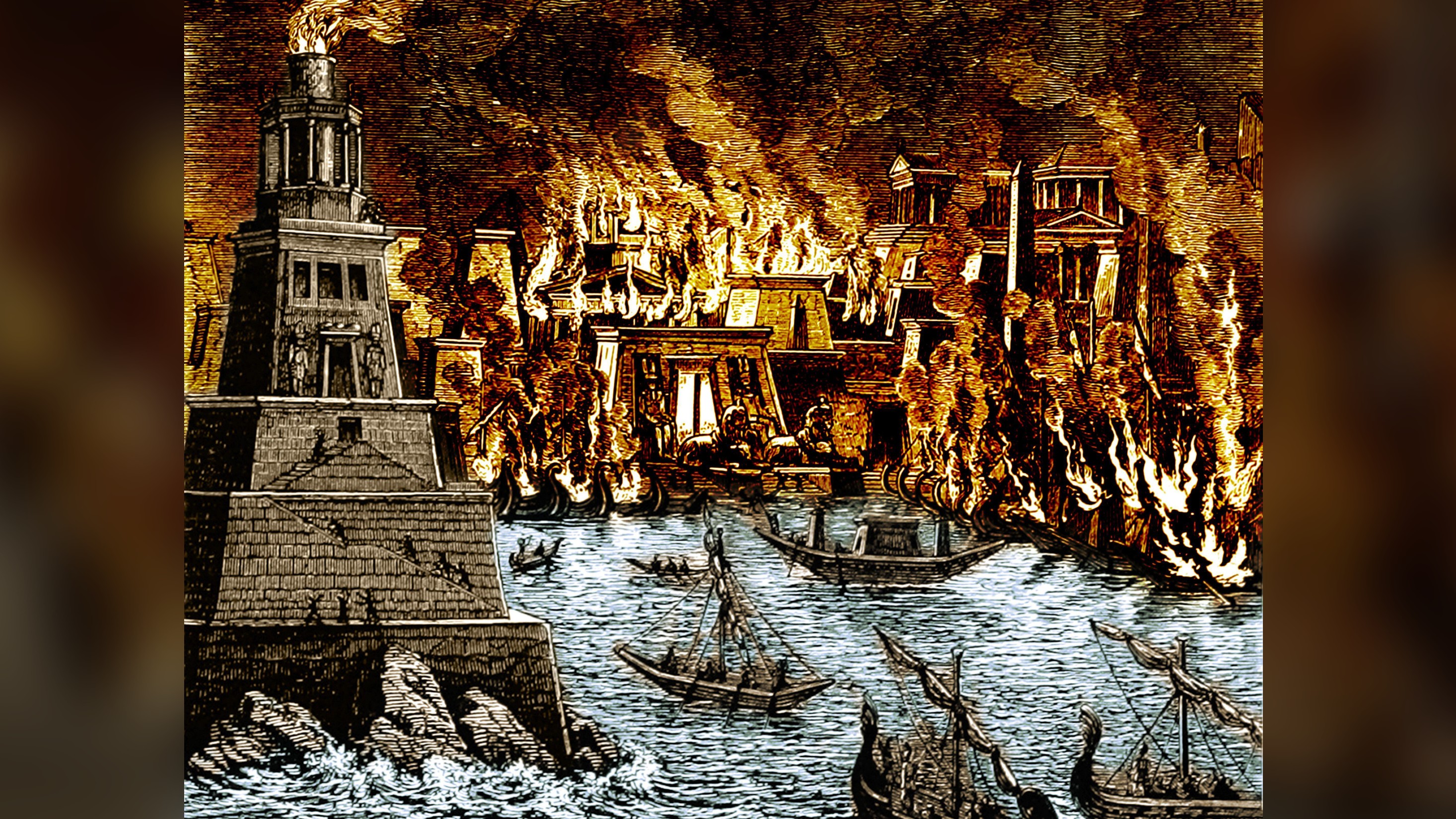 A colorized 19th-century depiction of the Library of Alexandria burning.