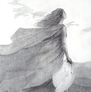 Graphite illustration of woman holding a dead swan looking at a flock of birds with the darkest values blocked into her cloak