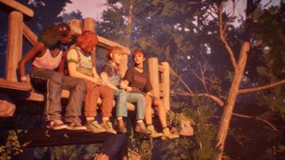 Swann, Autumn, Kat, and Nora chat while sitting on the edge of a wooden fence in Lost Records: Bloom and Rage