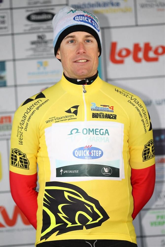 Kristof Vandewalle (Omega Pharma-Quick Step) in the leader's yellow jersey after winning the prologue.