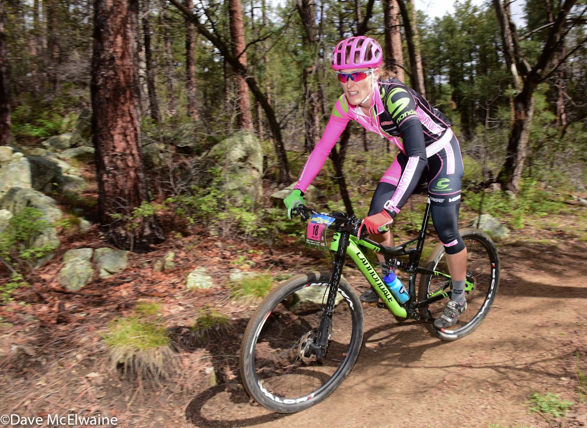 Mical Dyck (NoTubes) riding singletrack at the ten mile point