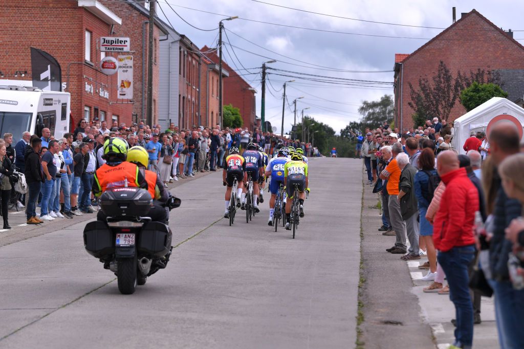 Illustration picture of the lead group and crowds along the side of the road during the Grote Prijs Vermarc Sport one day cycling race 10 laps with a total of 160km Sunday 05 July 2020 in Rotselaar The race is the first professional cycling competition during the coronavirus crisis Public is not allowed at the start and finish BELGA PHOTO LUC CLAESSEN Photo by LUC CLAESSENBELGA MAGAFP via Getty Images