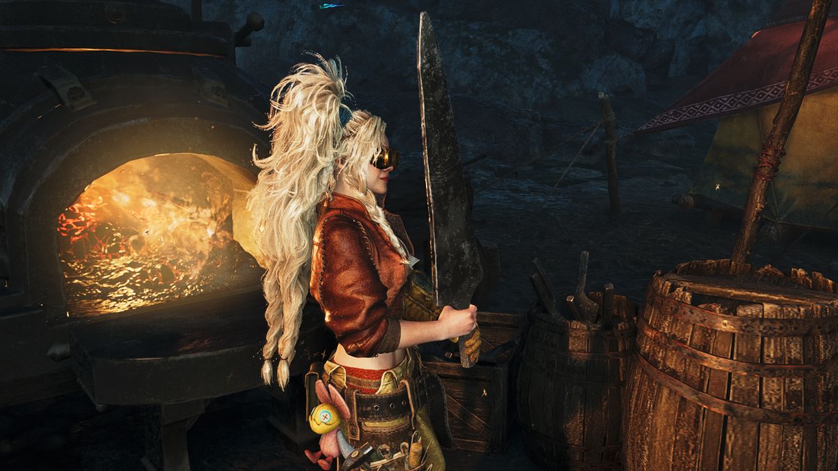 Monster Hunter Wilds Monster Fluid locations - Gemma holding a large blade while forging.