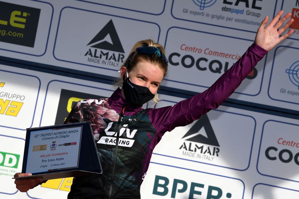 CITTIGLIO ITALY MARCH 21 Podium Pauliena Rooijakkers of Netherlands and Team Liv Racing Most Combative Rider Celebration during the 45th Trofeo Alfredo BindaComune di Cittiglio 2021 Womens Elite a 1418km stage from Cocquio Trevisago to Cittiglio 257m Mask Covid safety measures Trophy TrBinda UCIWWT on March 21 2021 in Cittiglio Italy Photo by Tim de WaeleGetty Images