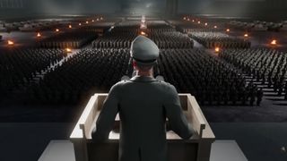 Hearts of Iron 4: Gotterdammerung trailer still - Nazi general addressing a mass of troops