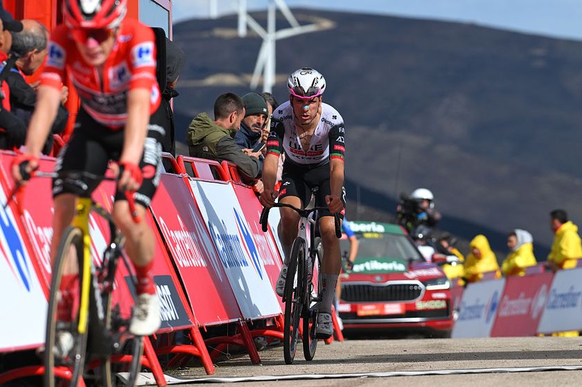 ALTO DE EL MORREDERO, SPAIN - SEPTEMBER 10: Joao Almeida of Portugal and UAE Team Emirates - XRG crosses the finish line during the La Vuelta - 80th Tour of Spain 2025, Stage 17 a 143.2km stage from O Barco de Valdeorras to Alto de El Morredero 1755m / #UCIWT / on September 10, 2025 in Alto de El Morredero, Spain. (Photo by Tim de Waele/Getty Images)
